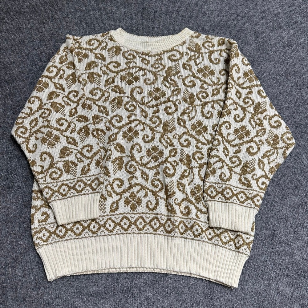 Alfred Dunner Sweater Womens L Cream Gold Metallic Lurex Floral Knit USA Vintage